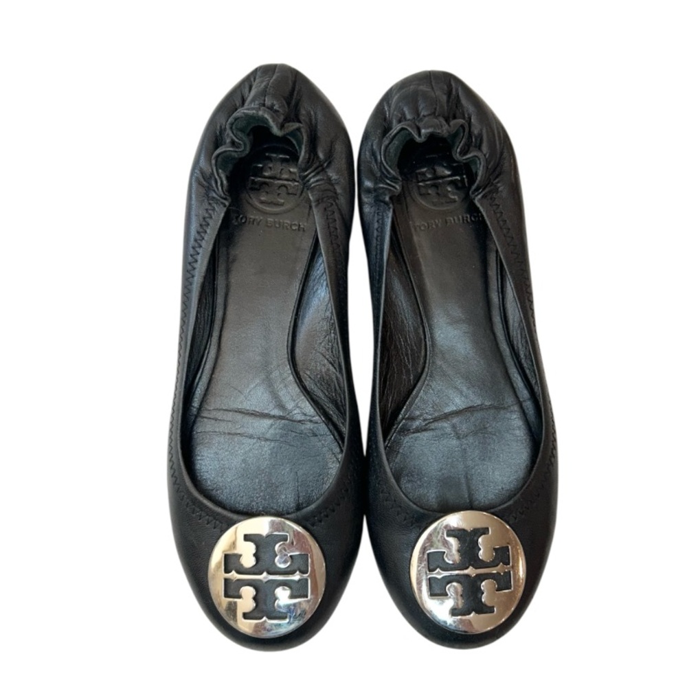 Tory Burch Black Leather Ballet Flats with Silver Logo Medallions
